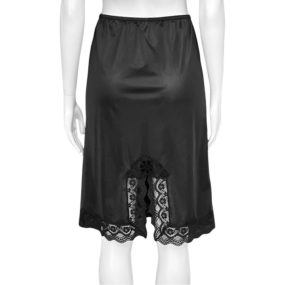 Vintage 70s Black Satin Lace Slip Skirt. XS/S. Lingerie Whimsigoth Coquette Goth - Picture 6 of 10